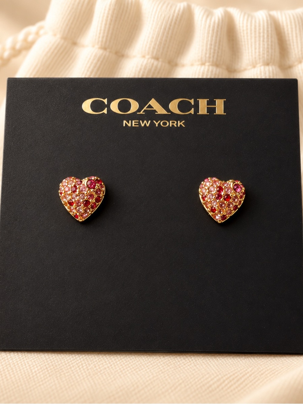 COACH Gold Heart Crystal Stud Earrings with Red Accents
